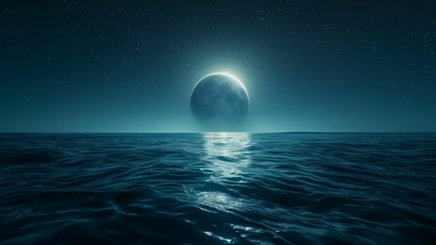 HD 1080p Space wallpaper with a tranquil scene of a blue moon rising over an alien ocean, with stars reflecting off the water surface and a blue hued sky.