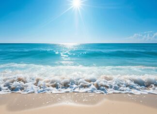 HD Desktop Wallpaper with a bright sunny day over a clear blue ocean with gentle waves.
