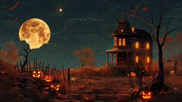 HD Halloween Wallpaper with pumpkins , witches , full moon, house.