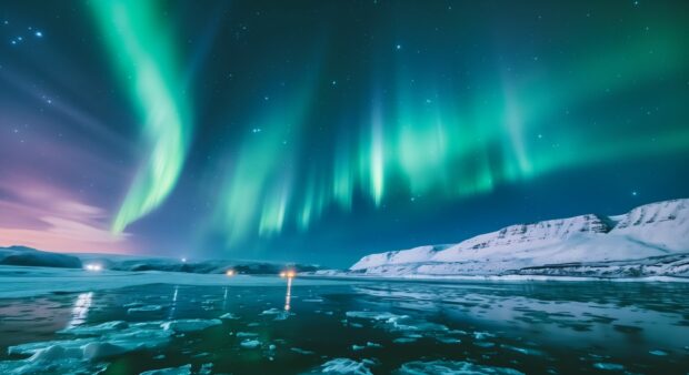 HD Northern Lights Desktop Wallpaper in various shades of green and purple over an icy landscape.