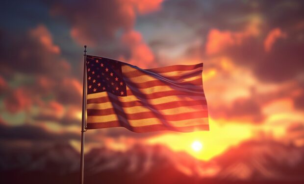 HD Wallpaper American flag with a sunset background.