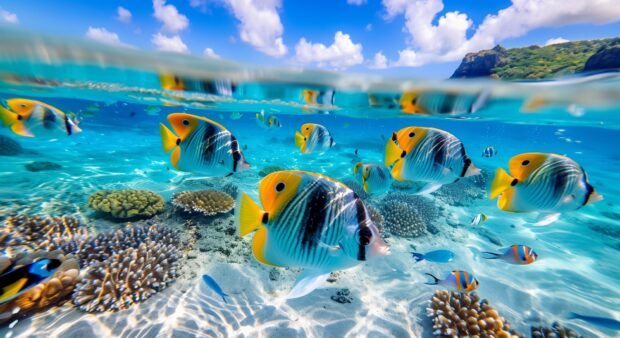 HD Wallpaper Ocean fish swimming in crystal clear waters above a sandy seabed.