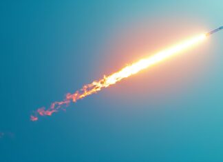 HD desktop wallpaper with a SpaceX Falcon 9 rocket launching into the sky with a trail of flames and smoke, set against a clear blue sky and the vastness of space.
