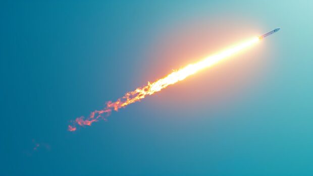 HD desktop wallpaper with a SpaceX Falcon 9 rocket launching into the sky with a trail of flames and smoke, set against a clear blue sky and the vastness of space.