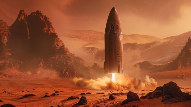 HD wallpaper with a futuristic depiction of a SpaceX Starship landing on Mars, with the Martian landscape and distant mountains visible.