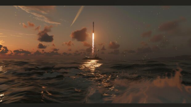 HD wallpaper with a high resolution image of the SpaceX Falcon 9 first stage landing on a drone ship in the ocean, with waves and the setting sun in the background.