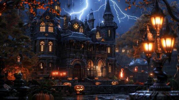 Halloween 2K Desktop Background Haunted castle with lightning striking in the background.