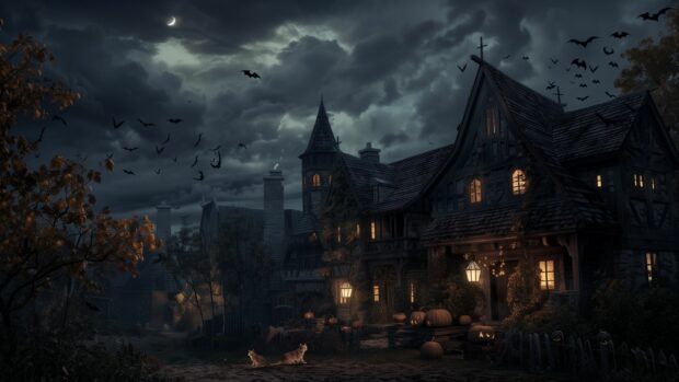 Halloween 2K HD Desktop Wallpaper, witches , cat, bat, house.