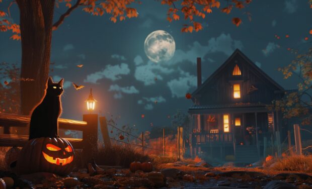 Halloween Background for Desktop, pumpkins, black cat, full moon, house.