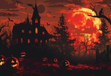Halloween Background for Desktop, pumpkins, witches, full moon and haunted house.