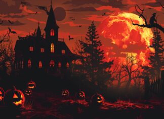 Halloween Background for Desktop, pumpkins, witches, full moon and haunted house.