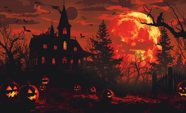 Halloween Background for Desktop, pumpkins, witches, full moon and haunted house.