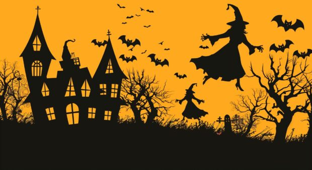 Halloween Background with a haunted house and flying witches.