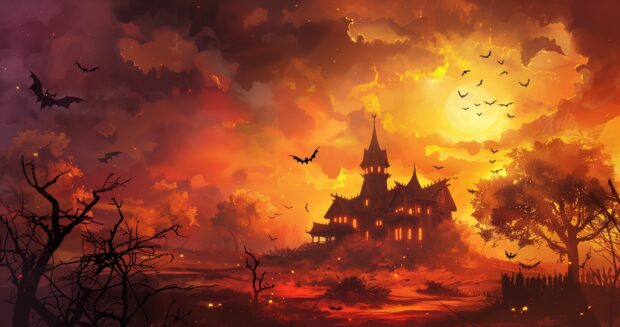 Halloween Desktop 4K Background, witches, bat, house.