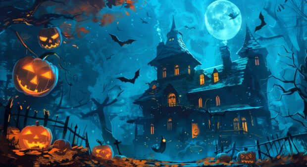 Halloween Desktop Background, pumpkins , witches , bat, bat, house.