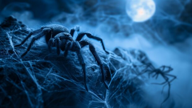 Halloween Desktop Background with reepy spider crawling across a tattered cobweb in the moonlight.