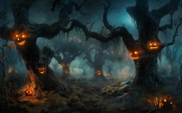 Halloween Desktop Background with twisted trees and glowing eyes.