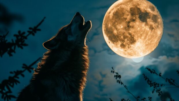 Halloween Desktop Background with werewolf howling at the full moon.