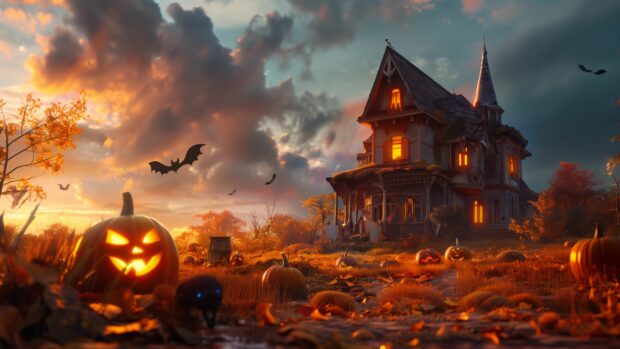 Halloween Desktop Wallpaper 4K, pumpkins , witches , bat, bat, house.