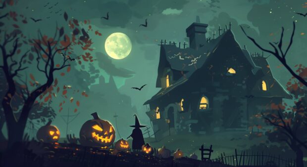 Halloween Desktop Wallpaper HD, pumpkins , witches , full moon, house, illustrator.