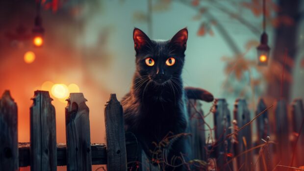 Halloween Desktop Wallpaper with black cat with glowing eyes sitting on a fence.