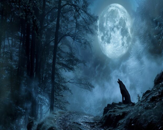 Halloween Desktop Wallpaper with chilling werewolf howling at the moon on a dark forest path.