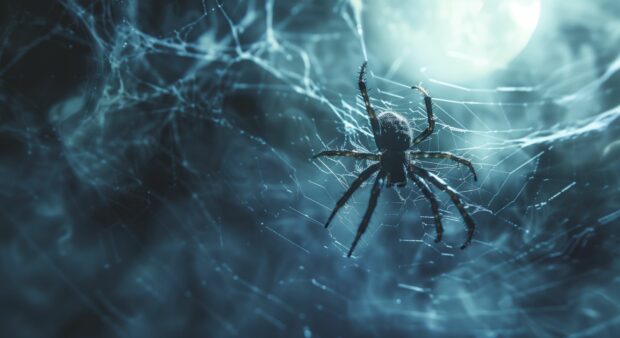 Halloween Desktop Wallpaper with creepy spider crawling across a tattered cobweb in the moonlight.