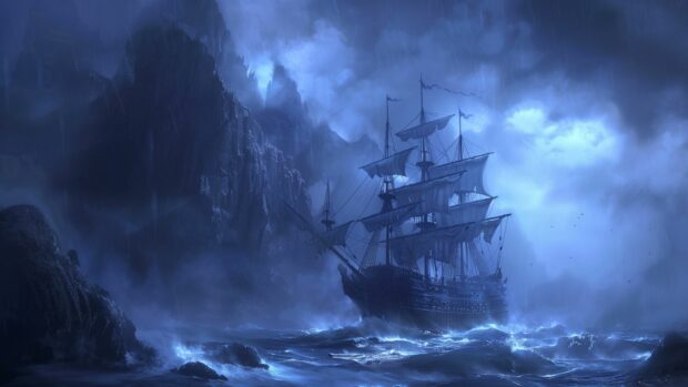 Halloween Desktop Wallpaper with ghost ship sailing through a misty ocean.