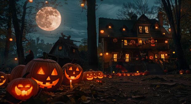 Halloween Desktop Wallpaper with pumpkins , witches , full moon, house.