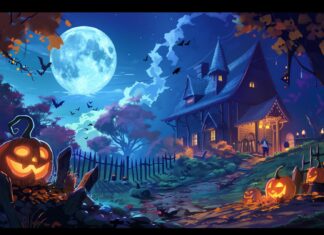 Halloween HD Desktop Wallpaper, pumpkins , witches , full moon, house.