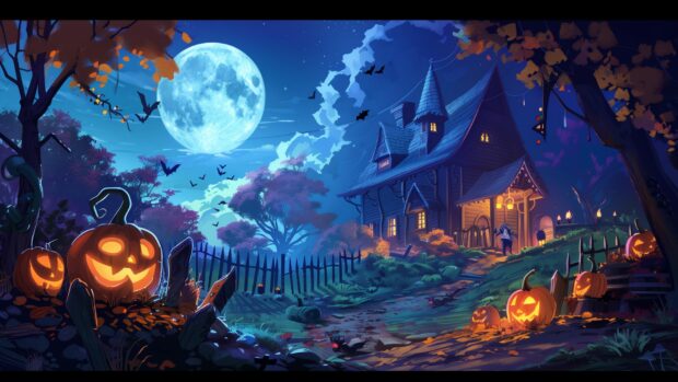 Halloween HD Desktop Wallpaper, pumpkins , witches , full moon, house.
