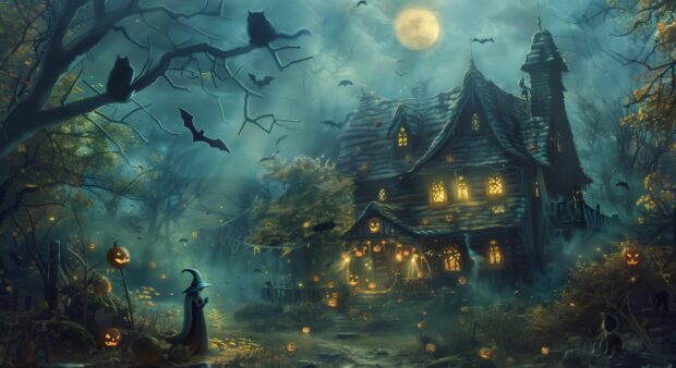 Halloween HD Desktop Wallpaper, witches, cat, bat, house.