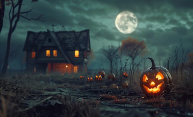 Halloween HD desktop Wallpaper with pumpkins, witches, full moon, house.