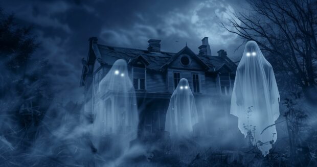 Halloween Wallpaper 4K night with ghosts haunting an old mansion.