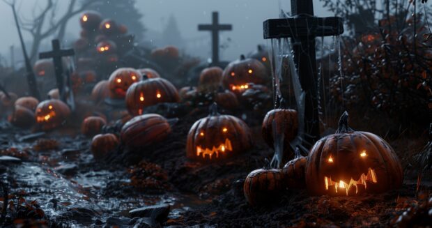 Halloween Wallpaper 4K pumpkin patch with sinister jack o lanterns.