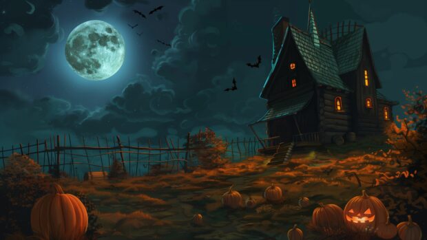 Halloween Wallpaper 4K , pumpkins , witches , full moon, house, illustrator.