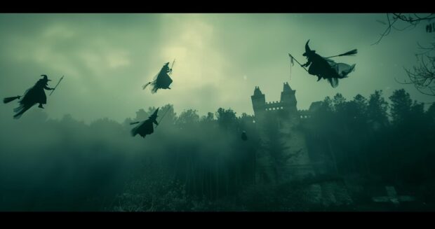 Halloween Wallpaper 4K with witches flying on broomsticks above a haunted castle.