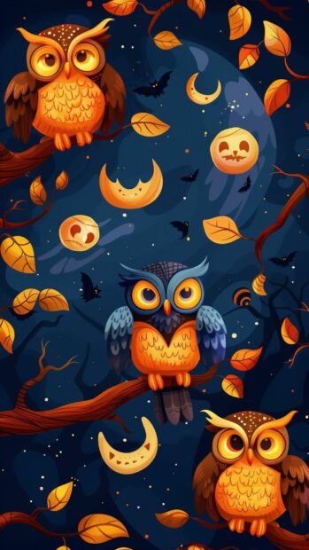 Halloween Wallpaper iPhone with playful owls wearing cute costumes and perched on spooky branches.