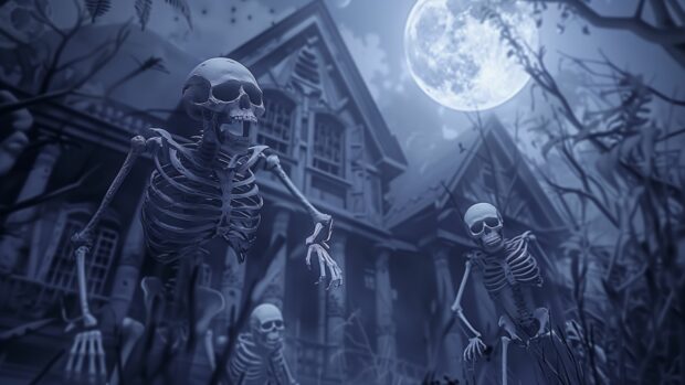 Halloween Wallpaper night with skeletons dancing in the moonlight.