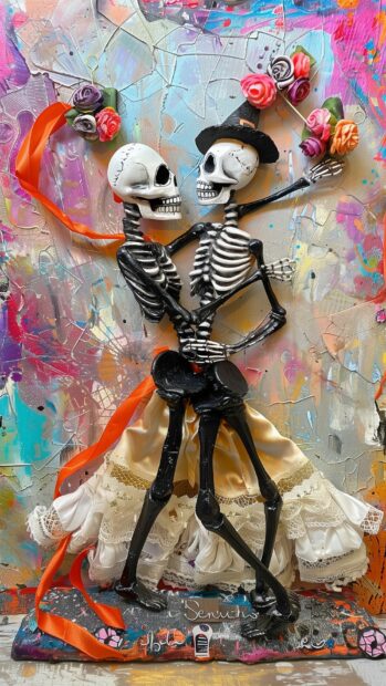 Halloween Wallpaper with delightful skeletons dancing with cute costumes and colorful ribbons, iPhone background.