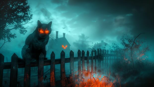 Halloween black cat with glowing eyes sitting on a fence.