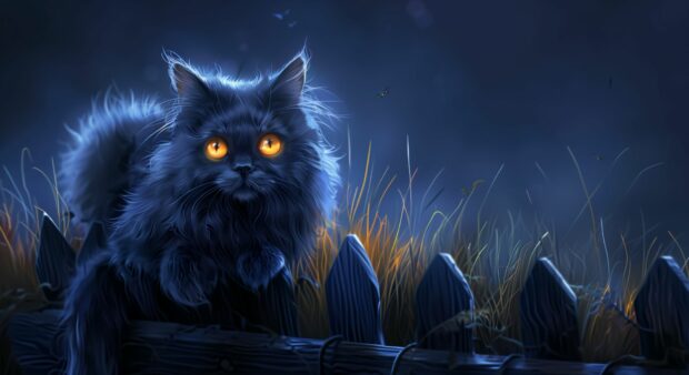Halloween black cat with glowing eyes sitting on a fence, Desktop Wallpaper.