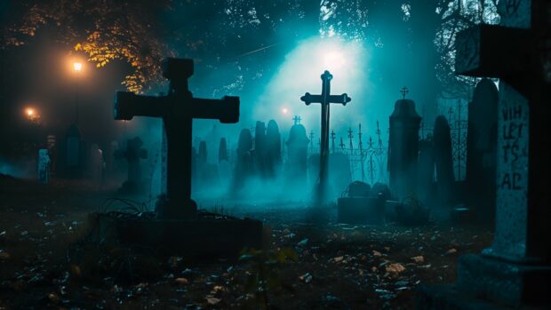 Halloween cemetery with ghostly apparitions and mist.