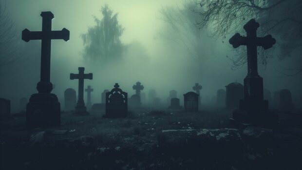 Halloween cemetery with ghostly apparitions and mist, Scary Halloween Desktop Wallpaper.
