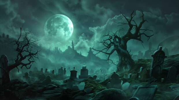 Halloween full moon casting shadows over a creepy graveyard.