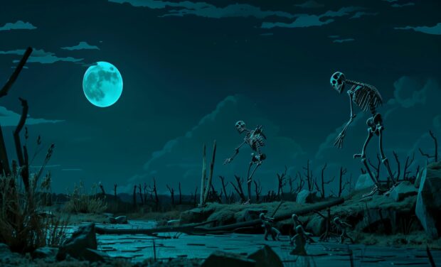 Halloween night with skeletons dancing in the moonlight.