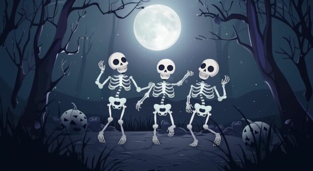 Halloween night with skeletons dancing in the moonlight.