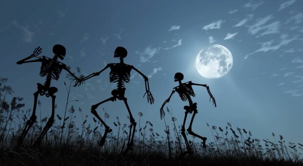 Halloween night with skeletons dancing in the moonlight.