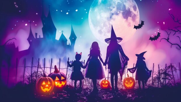 Halloween night with trick or treaters in scary costumes, Full HD background.