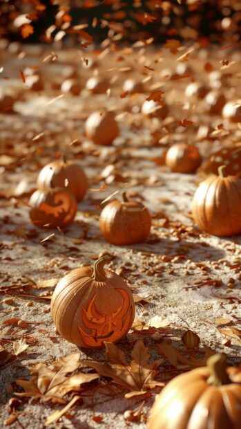 Halloween pumpkin patch with carved pumpkins and autumn leaves on the ground, Aesthetic Halloween iPhone Wallpaper.